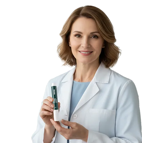 Dr Emily Rowan holding Roota Hair Revival Serum